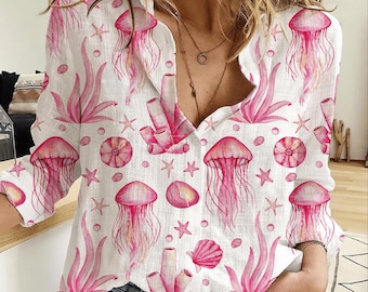 Jellyfish Shirt For Women, Ocean Sea Life Blouse, Cute Jellyfish Button Shirt, Beach Vacation Summer Shirt, Coastal Gift For Her