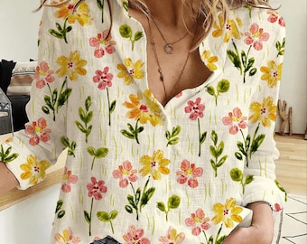Wildflower Blouse Shirt, Summer Floral Shirt Women, Cottagecore Blouse Women, Boho Floral Shirt, Casual V Neck Top Women Gift For Her