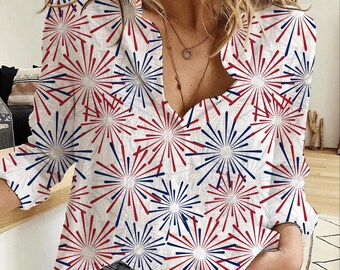 Fourth Of July Fireworks Blouse Shirt, Patriotic Blouse Shirt, Stars Stripes Top, Red White Blue Firework Shirt, Independence Day Shirt
