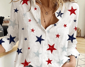 USA Anniversary Blouse Shirt, Anniversary Independence Day Women Shirt, Patriotic Star Blouse Long Sleeve Shirt, 4th Of July Gift