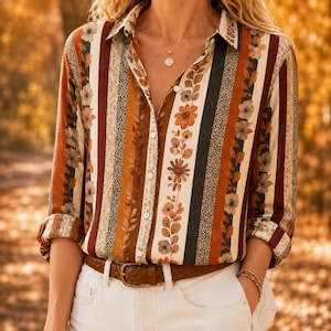 Può includere: Una camicia a maniche lunghe abbottonata con righe verticali nei toni dell'arancione, marrone, crema e nero. Il motivo include disegni floreali, foglie e texture animalier. La camicia è infilata in un pantalone bianco con una cintura marrone.
