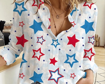 USA Star Blouse Shirt, Anniversary Independence Day Women Shirt, Patriotic Star Blouse Long Sleeve Shirt, 4th Of July Gift