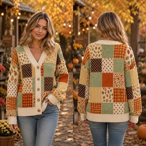 Jesienny kardigan z patchworkiem, sweter w kratę vintage, przytulny sweter na jesień, strój na Święto Dziękczynienia dla kobiet