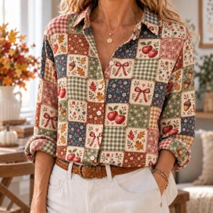 May include: A long-sleeved button-down shirt featuring a patchwork pattern of squares. The design includes motifs of red apples, brown acorns, autumn leaves, red ribbons, and green gingham checks on a cream background with white buttons.