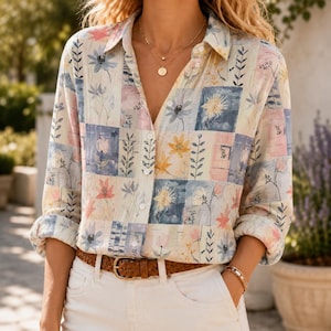 Könnte beinhalten: Ein langärmeliges Hemd mit Knopfleiste und einem Patchwork-Muster aus verschiedenen Blumen- und Pflanzenillustrationen in sanften Blau-, Gelb- und Rosatönen. Das Hemd wird in einer weißen Hose mit einem geflochtenen braunen Ledergürtel getragen.