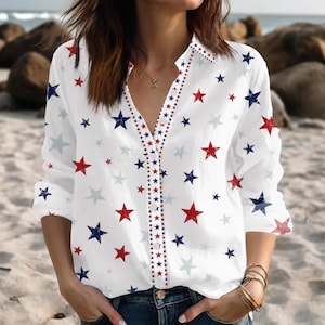 USA Star Women's Button Up Shirt, Patriotic Casual 4th of July Blouse, Merica Red White Blue Top, Independence Day Summer Outfit