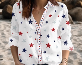 USA Star Women's Button Up Shirt, Patriotic Casual 4th of July Blouse, Merica Red White Blue Top, Independence Day Summer Outfit