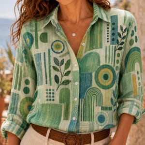 May include: A long-sleeved button-down shirt featuring a light green base with a repeating abstract pattern of dark green circles, vertical lines, and leaf motifs. The shirt has a classic collar, white buttons, and is tucked into a brown belt.