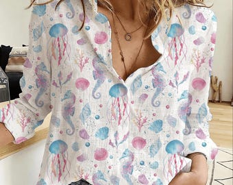 Jellyfish Shirt For Women, Ocean Sea Life Blouse, Cute Jellyfish Button Shirt, Beach Vacation Summer Shirt, Coastal Gift For Her