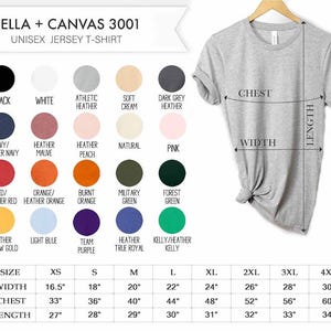 May include: A Bella + Canvas 3001 unisex jersey t-shirt in heather grey with a knotted side. The image displays a color palette of twenty-five options and a sizing chart with width, chest, and length measurements in inches for sizes XS to 4XL.