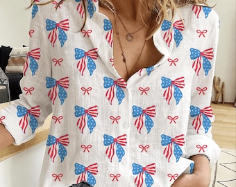 Coquette Bow USA Anniversary Blouse Shirt, Anniversary Independence Day Women Shirt, Patriotic Coquette Blouse Long Sleeve Shirt