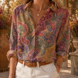 May include: A long-sleeved button-down shirt featuring a vibrant, multi-colored paisley and floral pattern in shades of purple, gold, green, and pink. The shirt is tucked into white pants secured with a brown leather belt with a gold buckle.