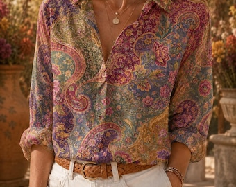 Vintage blommig trädgårdskonstnärlig blusskjorta, boho damskjorta, solrosfridgrafik med långärmad skjorta, färgglad blommig blusskjorta