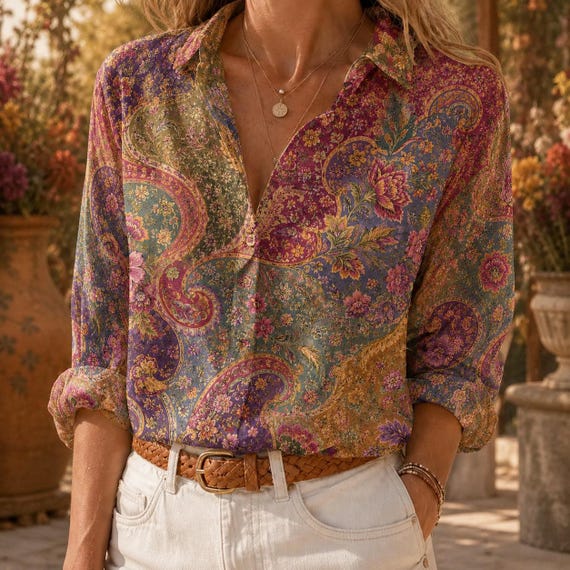 Vintage Floral Garden Artistic Blouse Shirt, Boho Women Shirt, Sunflower Peace Graphic Long Sleeve Shirt, Colorful Floral Blouse Shirt