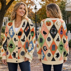 Halloween Patchwork Cardigan for Women 2026, Black Cat Pumpkin Sweater, Witchy Moon Bat Cardigan, Spooky Season 2026, Gift for Her