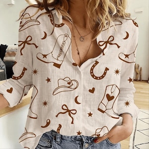 Western Cowgirl Blouse, Cream Rodeo Horse Button Shirt, Cowboy Cactus Summer Top For Women