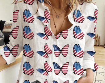 Patriotic USA Flag Butterfly Shirt, American Star Stripe Blouse Shirt, Independence Day Apparel, Summer Holiday Top, Gift For Her