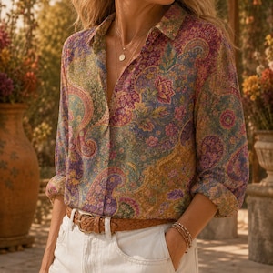 May include: A long-sleeved button-down shirt featuring a multi-colored paisley and floral pattern in shades of purple, gold, and green. The shirt is tucked into white pants secured with a brown woven leather belt. A gold necklace is worn around the neck.