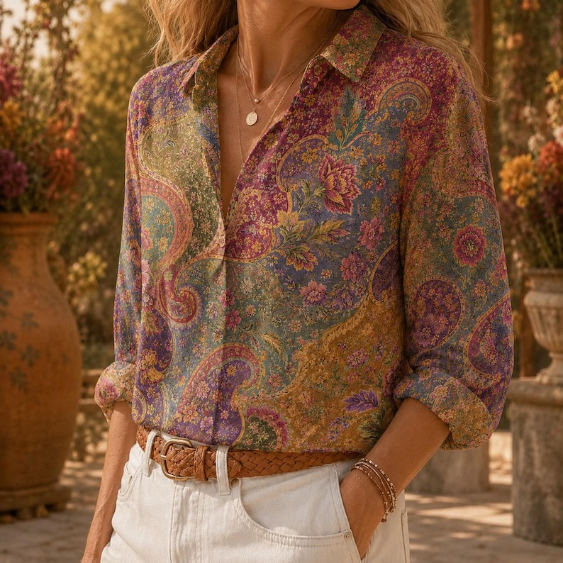 May include: A long-sleeved button-down shirt featuring a multi-colored paisley and floral pattern in shades of purple, gold, and green. The shirt is tucked into white pants secured with a brown woven leather belt. A gold necklace is worn around the neck.
