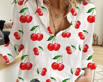 Cute Cherry Print Women's Blouse, White Slub Linen Look Button Up Shirt, Fruit Pattern Summer Casual Outfit, Sweet Vintage Style Top