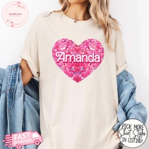 Comfort Colors® Custom Name Heart Shape Shirt in Dolls Themed Font, Personalized Pink Party Tee,Fun and Stylish Gift,Customizable Name Shirt