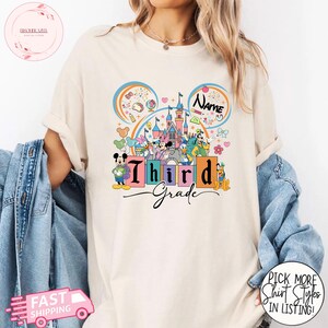 Camiseta personalizada para regreso a clases con nombre, camiseta personalizada de tercer grado con dibujos animados, camiseta de equipo de tercer grado, regalo para maestros y estudiantes
