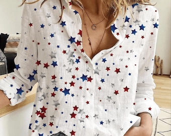 USA Anniversary Blouse Shirt, Anniversary Independence Day Women Shirt, Patriotic Star Blouse Long Sleeve Shirt, 4th Of July Gift