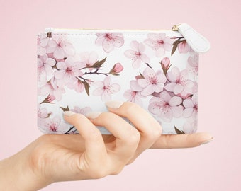 Cherry Blossom Mini Clutch Bag 01, Floral Pencil Pouch, Small Zipper Wallet, Women&#39;s Gift, Japanese Cherry Blossom Bag, Pink Cherry Blossom