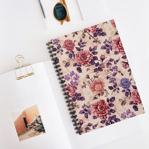 Vintage Rose Spiral Notebook 01 - Ruled Floral Journal, Romantic Stationery Gift,Pink and Purple Flower Cover,Flower Pattern Journal for Her