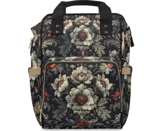 Vintage-Style Floral Diaper Backpack 01 - Stylish Organizer Bag for Moms, Baby Essentials, Travel, Diaper Bag, Baby Shower Gift, Nursery Bag