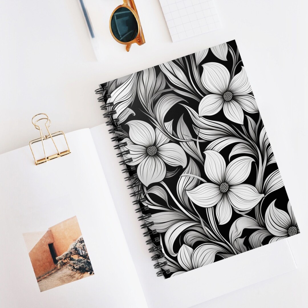 Black and White Flowers Spiral Notebook 01 - Ruled Line, Classic Floral ...