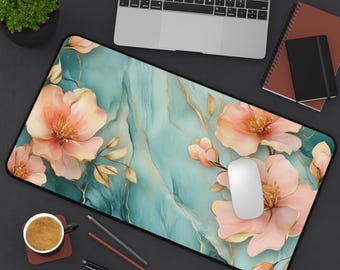 Floral Desk Mat 04 - Gold Accent Large Mouse Pad for Work from Home, Office Decor, Gaming Desk Accessories, Pretty Desk Blotter,Elegant Desk