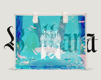 Holographic Tiger Tote Bag | Iridescent PVC Beach Tote (15.9" x 12.0")