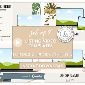 Puede incluir: Conjunto de cuatro plantillas de video de listado de productos digitales para vendedores de Etsy. Las plantillas presentan un botón de reproducción, una computadora portátil, un teléfono y una tableta con un fondo de paisaje verde. El texto "Set of 4 Listing Video Templates for Digital Product Sellers" se muestra en un cuadro beige. El texto "Instant Download" se muestra en un cuadro rosa. El texto "made in Canva" se muestra en un cuadro azul. El texto "Shop Name" se muestra en un cuadro blanco. El texto "Thank You!" se muestra en un cuadro blanco.