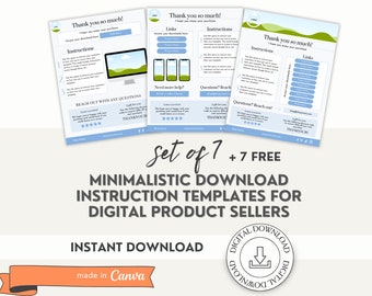 Pacchetto di modelli di istruzioni per il download digitale moderno per venditori di prodotti digitali / Modello minimalista di link di prodotti Canva Nota di ringraziamento