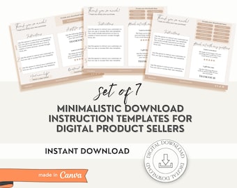 Pacchetto di modelli di istruzioni per il download digitale moderno per venditori di prodotti digitali / Modello minimalista di link di prodotti Canva Nota di ringraziamento