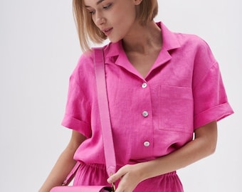 Women's Summer Vintage Linen Shirt: Elegant Handmade Button-Up Blouse with Lapel Collar and Long Sleeves