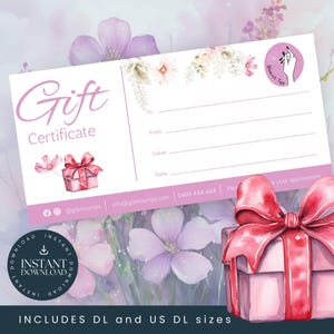Plantilla de certificado de regalo para técnico de uñas / Tarjeta de regalo editable para salón de uñas / Vale personalizable para salón de uñas / Plantilla Canva / Descarga instantánea
