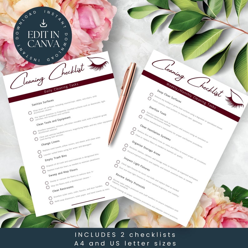 Salon Cleaning Checklist Editable, Canva Editable, Deep Burgundy ...