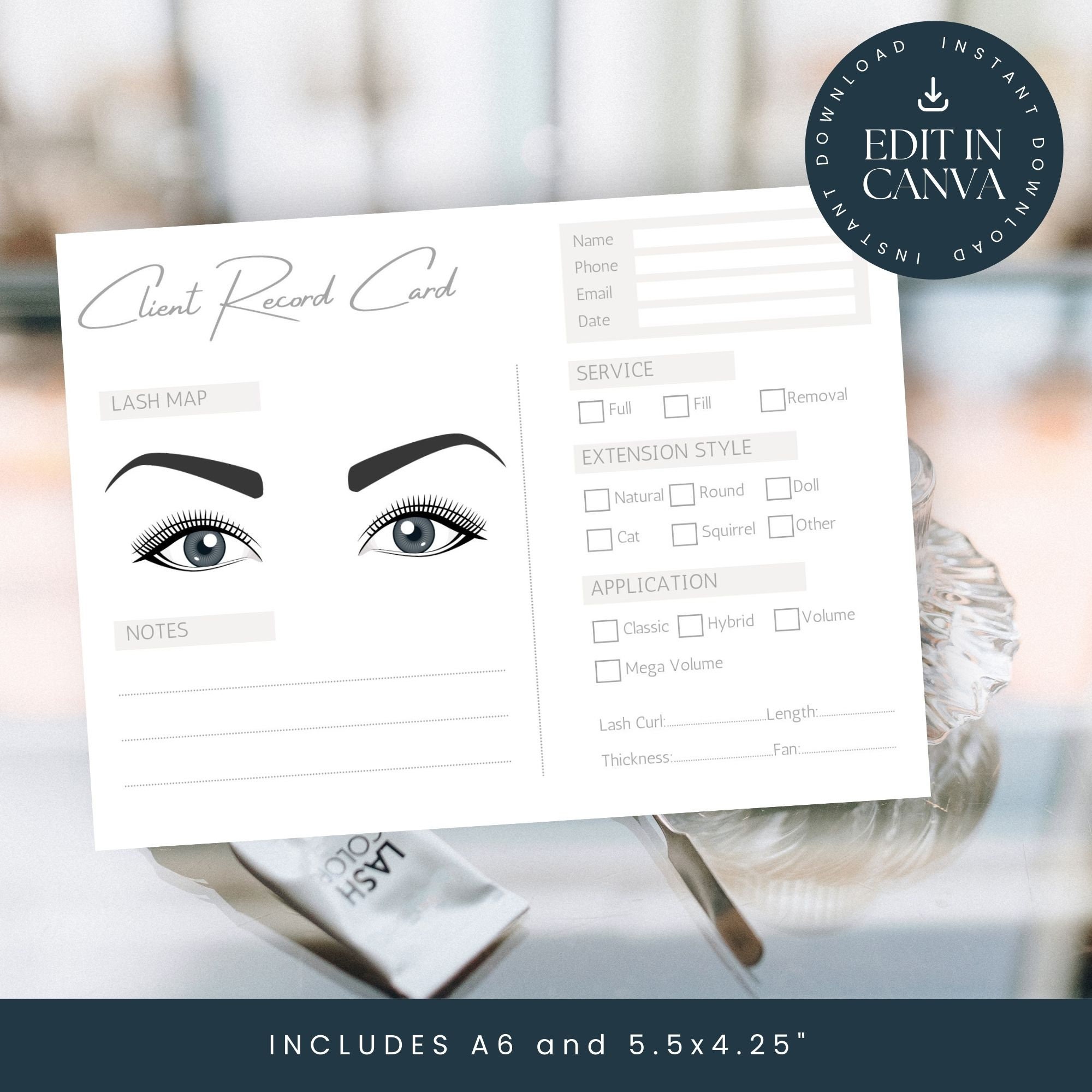 Client Record Card | Eyelash Extensions | Edit In Canva | Instant Download | Lash Map | Lash Extensions| Soft Grey LT008