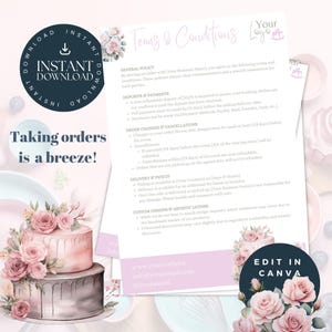 May include: A pink and white floral design with a cake illustration and the text "Taking orders is a breeze!"  The text "Terms & Conditions" is at the top of the page.  The text "Edit in Canva" is at the bottom of the page.