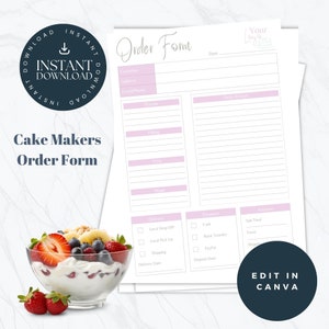 May include: A printable cake order form with a pink and white colour scheme. The form includes sections for customer information, cake details, delivery options, payment methods, and order totals. The text "Cake Makers Order Form" is at the top of the form.