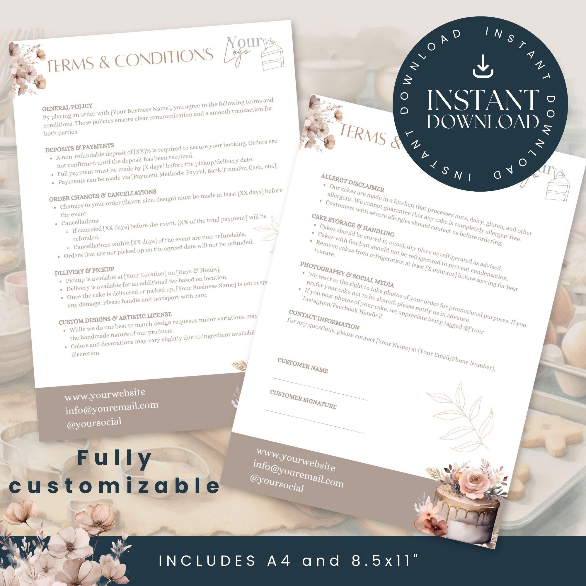 Home Bakery Terms & Conditions | Cake Business Policy | Editable ...