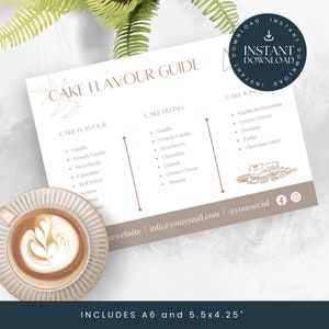 May include: A printable cake flavor guide with a brown background and gold accents. The guide lists cake flavors, fillings, and icings. The text includes "Cake Flavor Guide", "Cake Flavor", "Cake Filling", "Cake Icing", "Vanilla", "French Vanilla", "Strawberry", "Chocolate", "Red Velvet", "Lemon", "Carrot", "Almond", "Vanilla Buttercream", "Cream Cheese", "Fondant", "Fudge", "Chocolate Glaze".