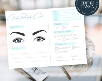 Client Record Card | Eyelash Extensions | Edit In Canva | Instant Download | Lash Map | Lash Extensions| Baby Blue LT003
