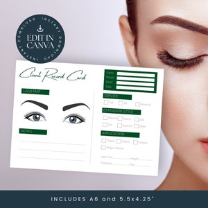 Tarjeta de registro de cliente / Extensiones de pestañas / Editar en Canva / Descarga instantánea / Mapa de pestañas / Extensiones de pestañas / Verde esmeralda LT006