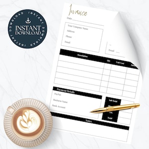 Può includere: Un modello di fattura stampabile in bianco e nero con sezioni per data, nome dell'azienda, indirizzo, telefono, email, descrizione, quantità, costo unitario, importo, dettagli di pagamento, totale parziale, tasse, totale e note.