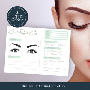 Kundenkartei | Wimpernverlängerung | In Canva bearbeiten | Sofortiger Download | Wimpernkarte | Wimpernverlängerungen| Mintgrün LT004