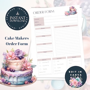 May include: A printable cake order form with a watercolor illustration of a pink and blue layered cake with flowers and berries. The form includes sections for customer information, order details, delivery, payment, and amount.