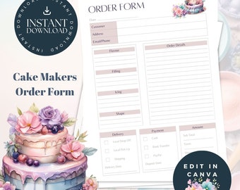 Peut inclure: Un formulaire de commande de gâteau imprimable avec une illustration aquarelle d'un gâteau à étages rose et bleu décoré de fleurs et de baies. Le formulaire comprend des sections pour les informations du client, les détails de la commande, la livraison, le paiement et le montant.